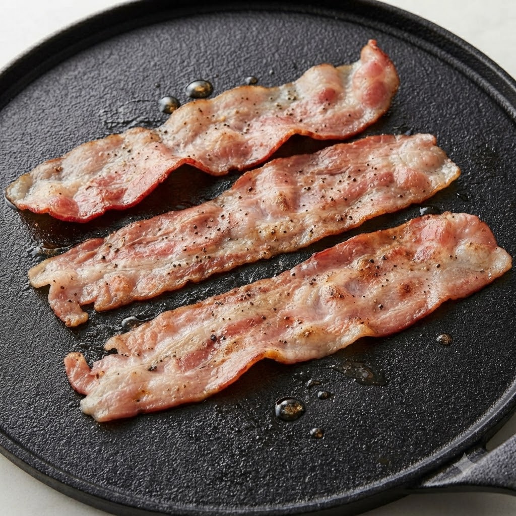 후추로 시즈닝한 생 베이컨 세 줄이 검은색 주철 평면 그릴 위에서 지글지글 구워지는 모습.