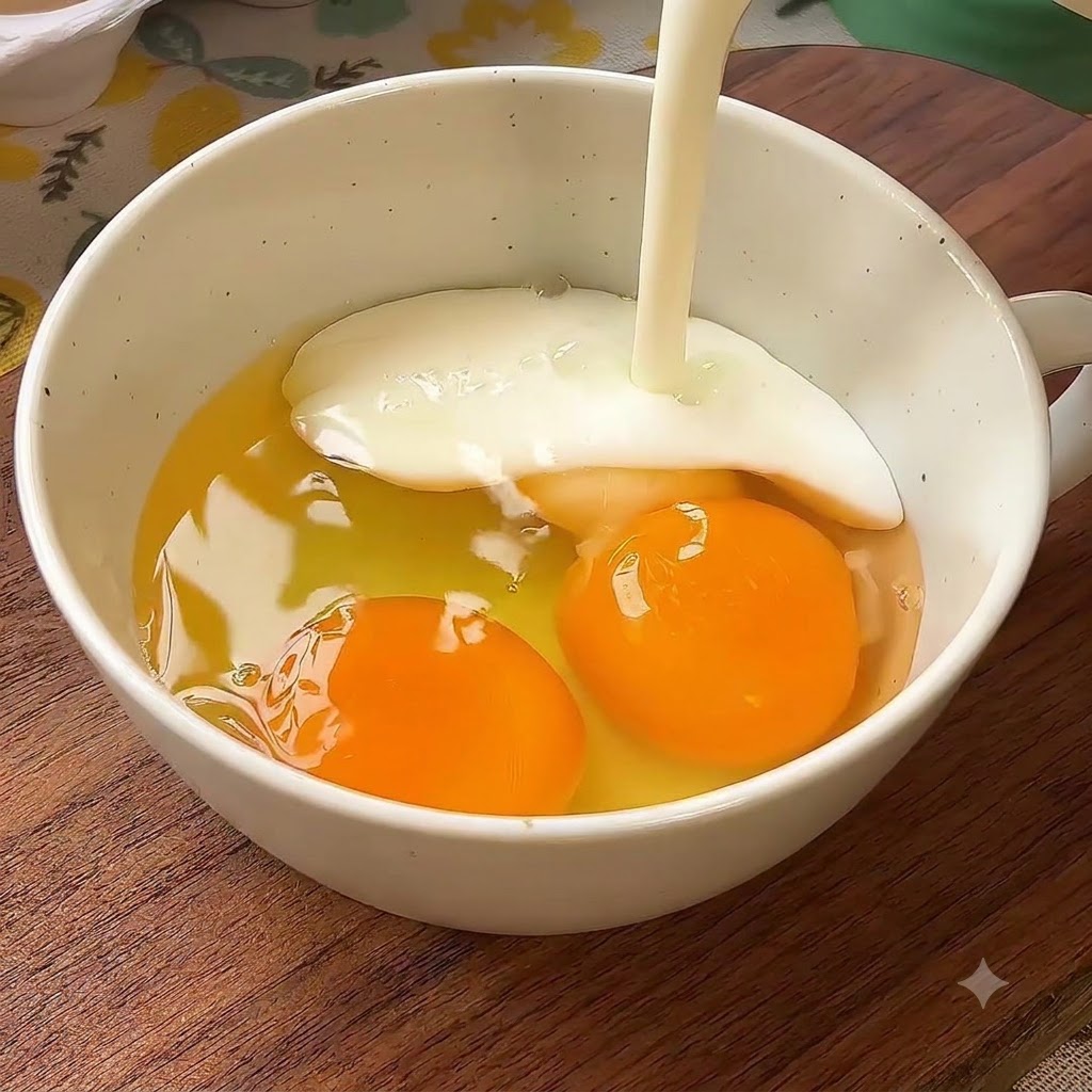 달걀이 담긴 그릇 안으로 우유가 흐르는 모습.