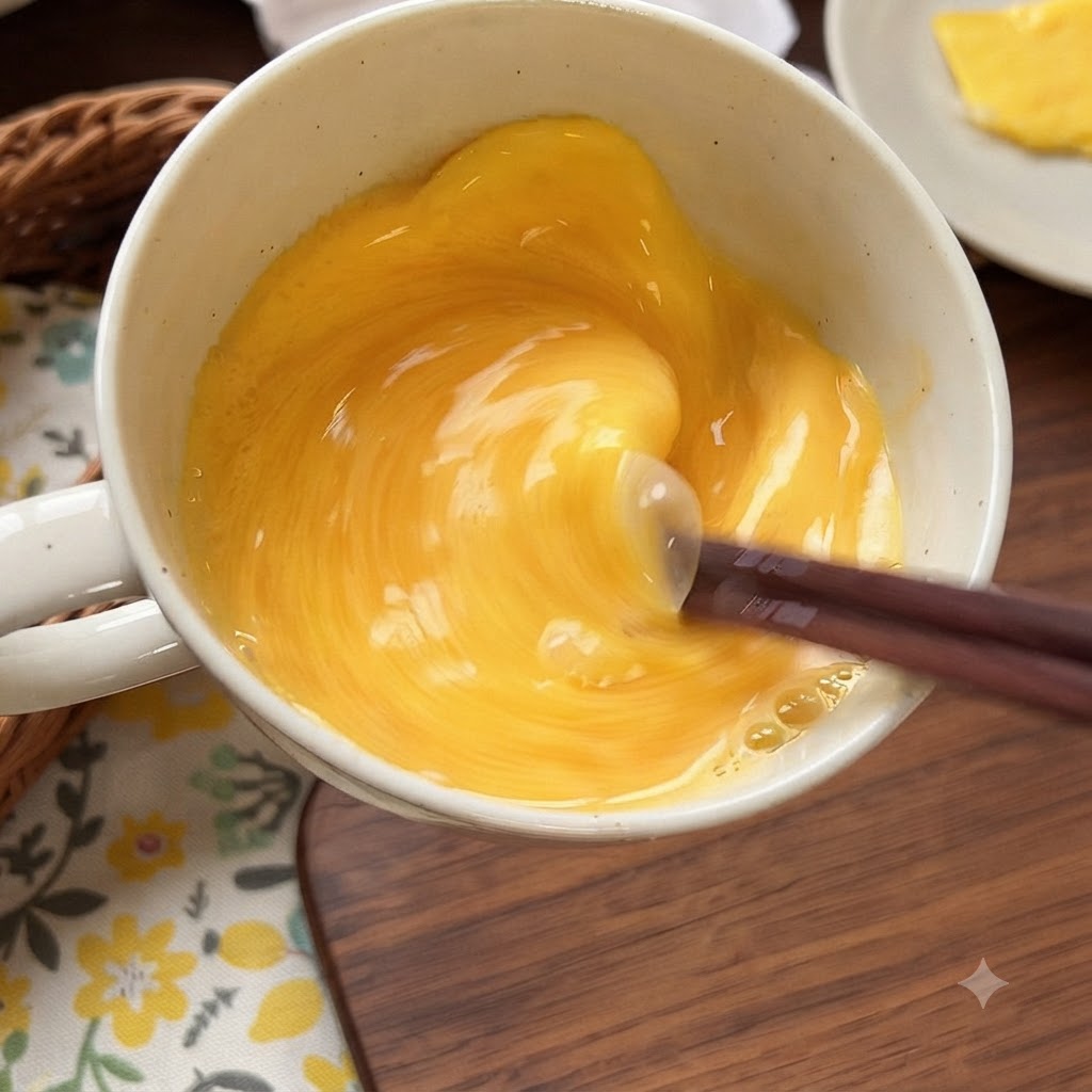 그릇 안의 달걀과 우유를 젓가락으로 젓는 모습.