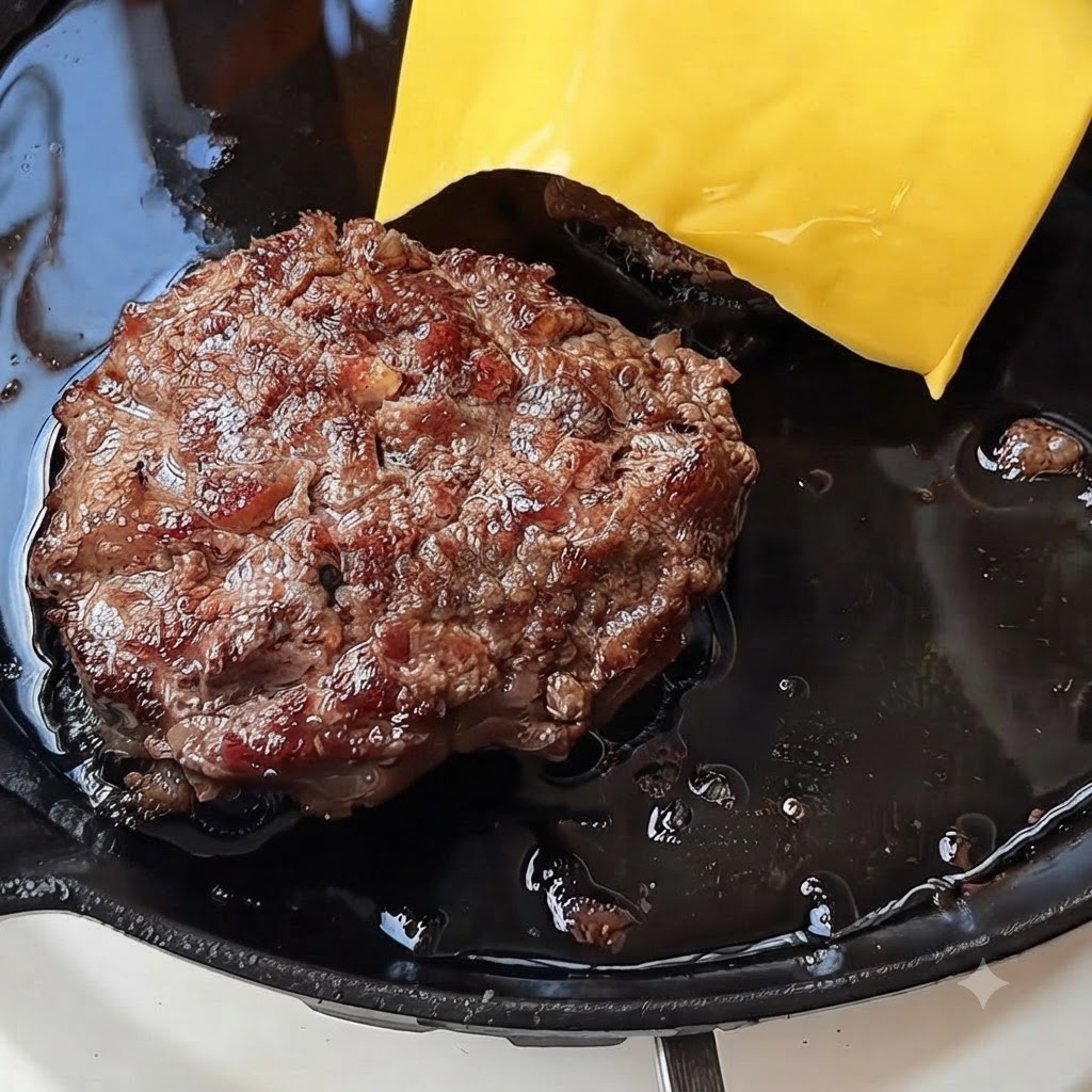 뜨거운 팬에서 조리된 햄버거 패티 위에 노란 치즈 두 장이 녹아내리는 모습.
