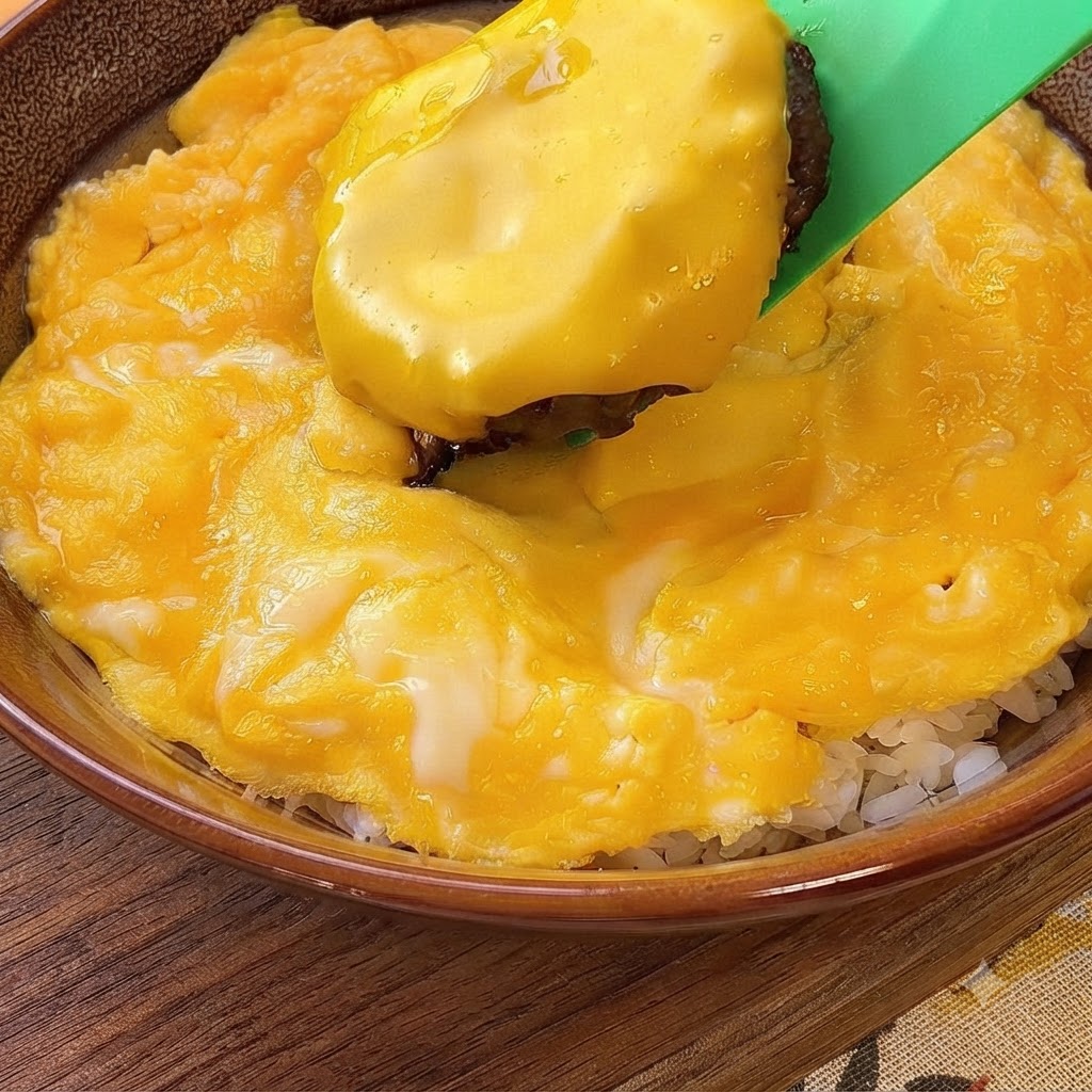 초록색 주걱으로 치즈 햄버거 패티를 들어 올려 스크램블 에그와 밥 위에 올리는 모습.