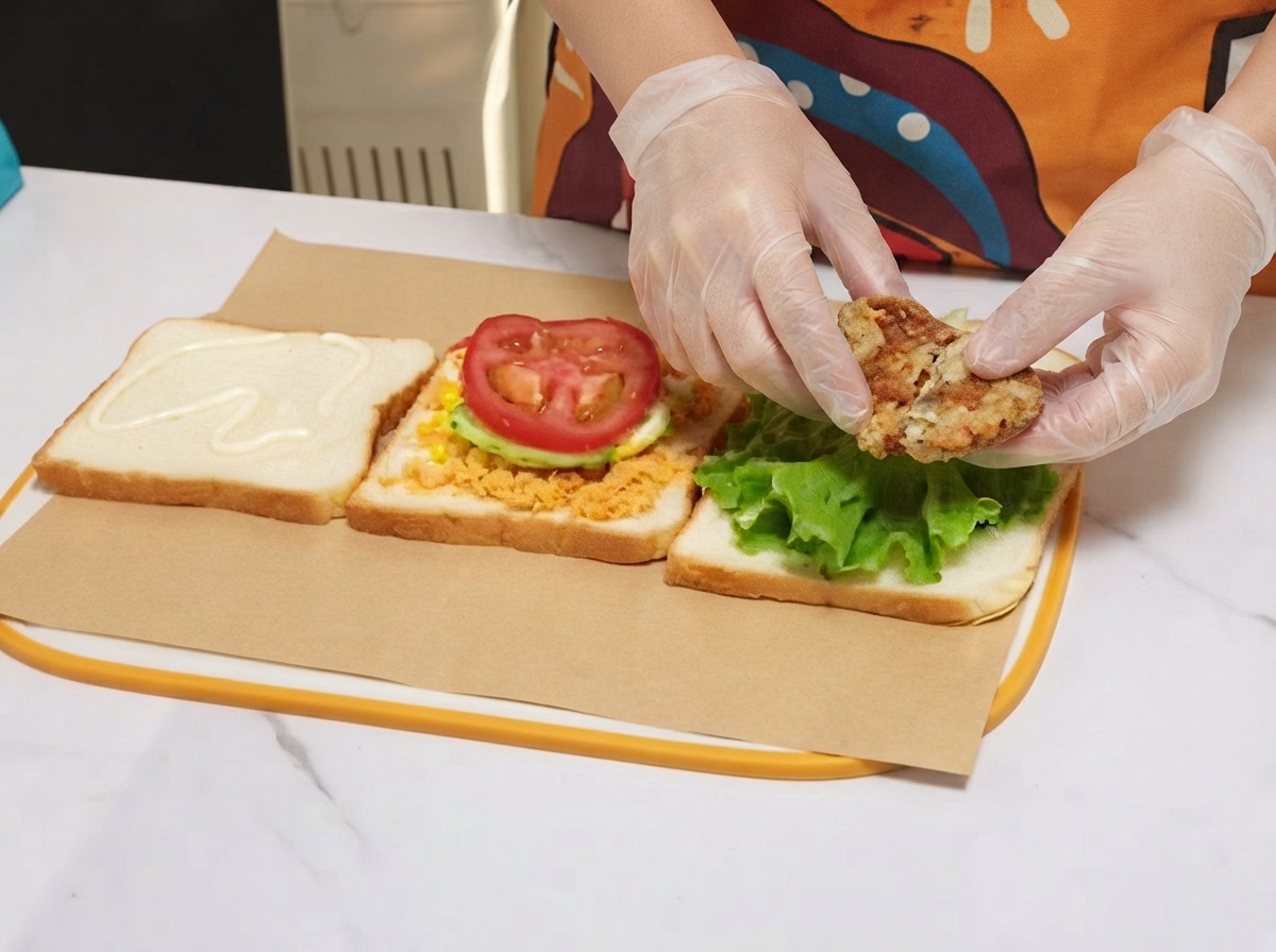 간을 하여 조리된 치킨 찹이 식빵 위의 청상추 위에 얹어지는 모습.