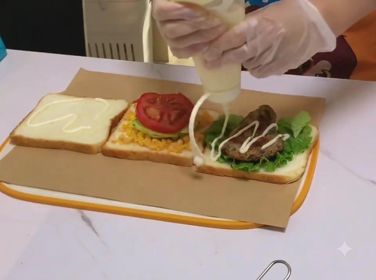 빵 위에 놓인 치킨 찹에 짜는 용기에서 화이트 샐러드 크림이 뿌려지는 모습.