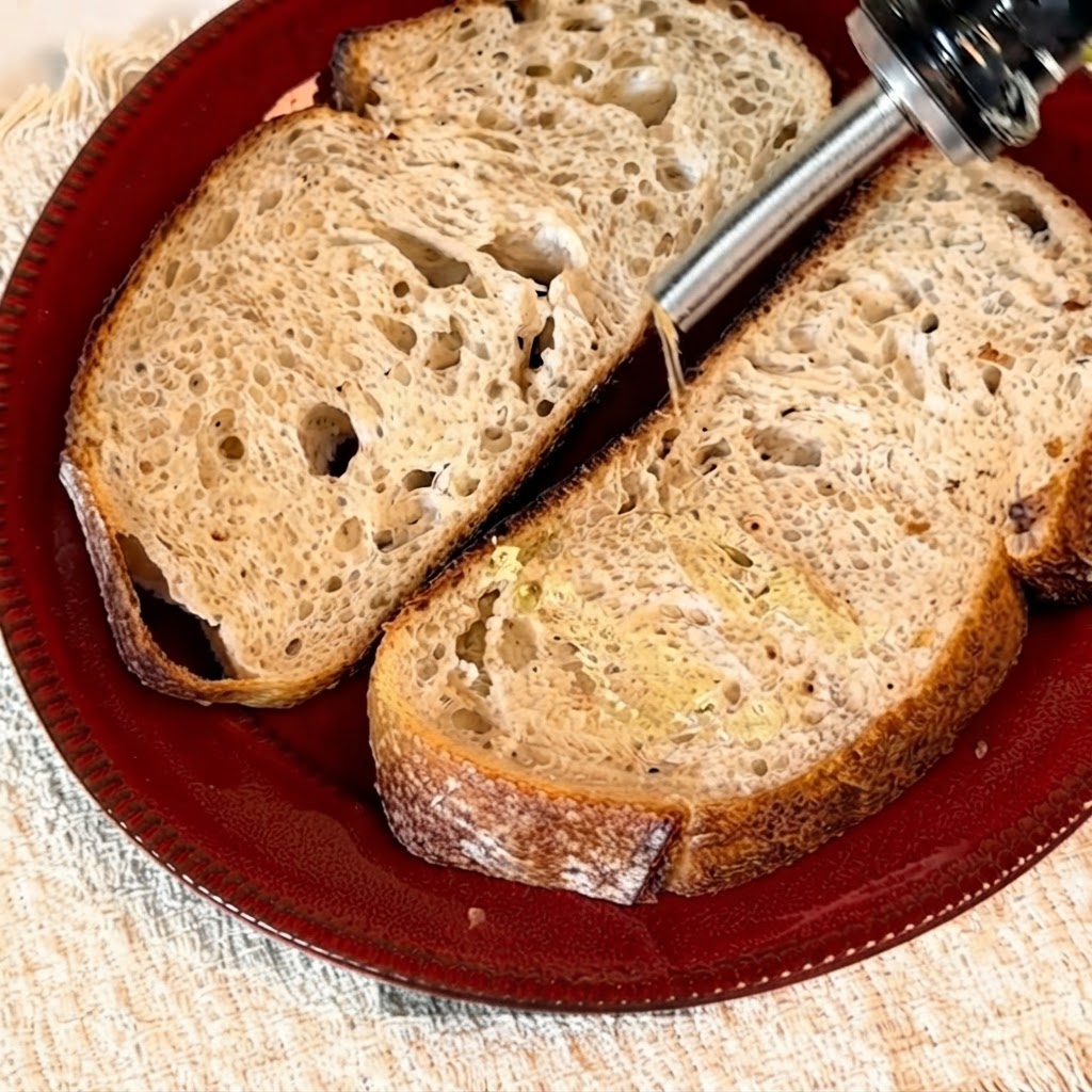 병에서 사워도우 빵 두 조각 위로 떨어지는 올리브 오일.