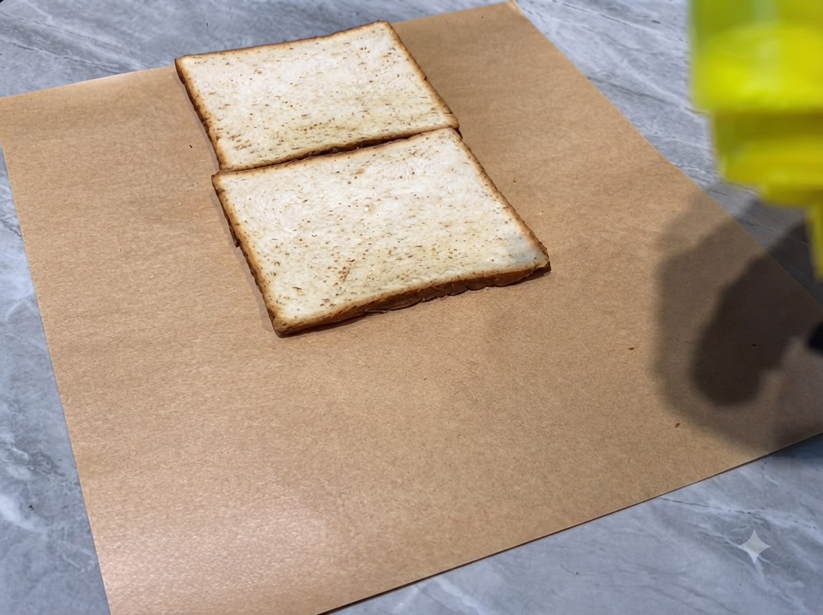 유산지 위에 나란히 놓인 식빵 세 조각 위에 마요네즈가 줄지어 뿌려지고 있는 모습.
