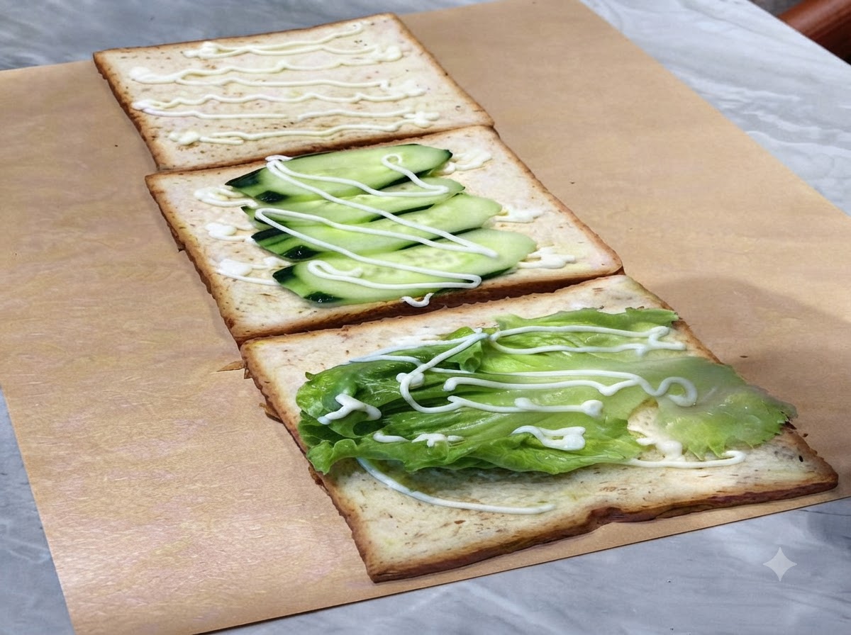 토마토 슬라이스와 달걀프라이가 샌드위치 조립 과정에 놓여 있고 마요네즈가 뿌려진 모습.