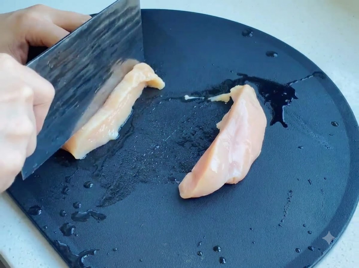 어두운 도마 위에서 식칼로 썰리고 있는 생닭가슴살.