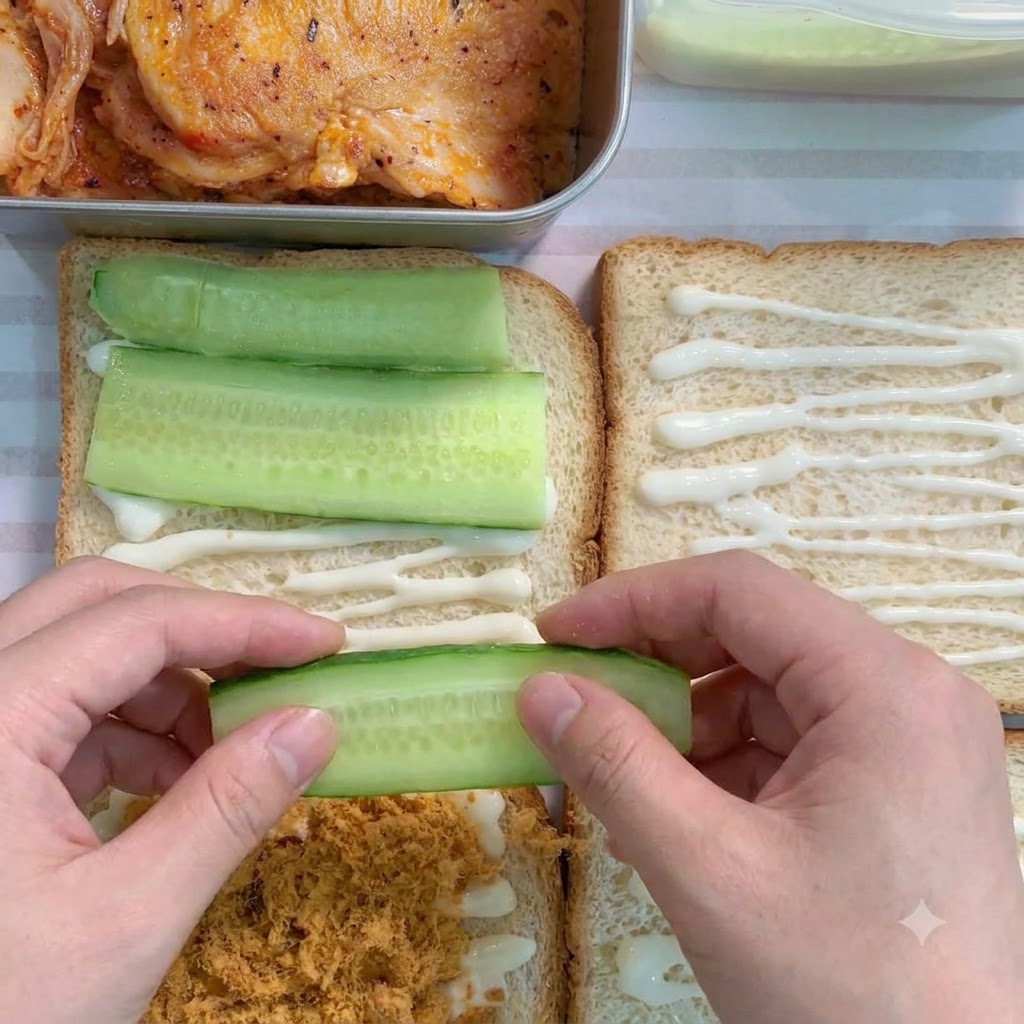 두 번째 빵 조각 위에 얇게 썬 신선한 초록색 오이 조각들을 손으로 올리는 모습.