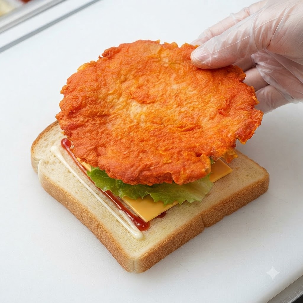 노란 치즈 슬라이스와 빵 위에 오를레앙풍 치킨까스를 올리는 모습.
