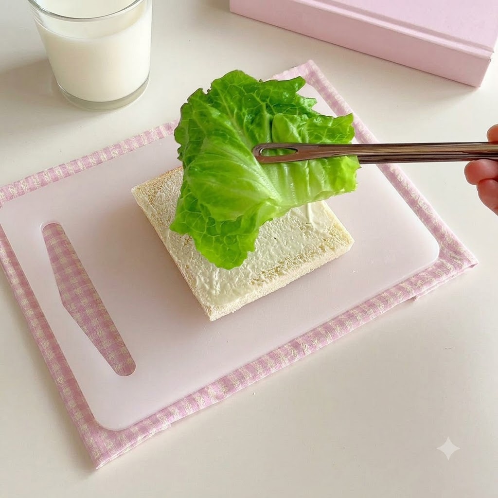 소스가 발린 식빵 조각 위에 쇠젓가락으로 신선한 초록 양상추 잎을 올리는 모습.