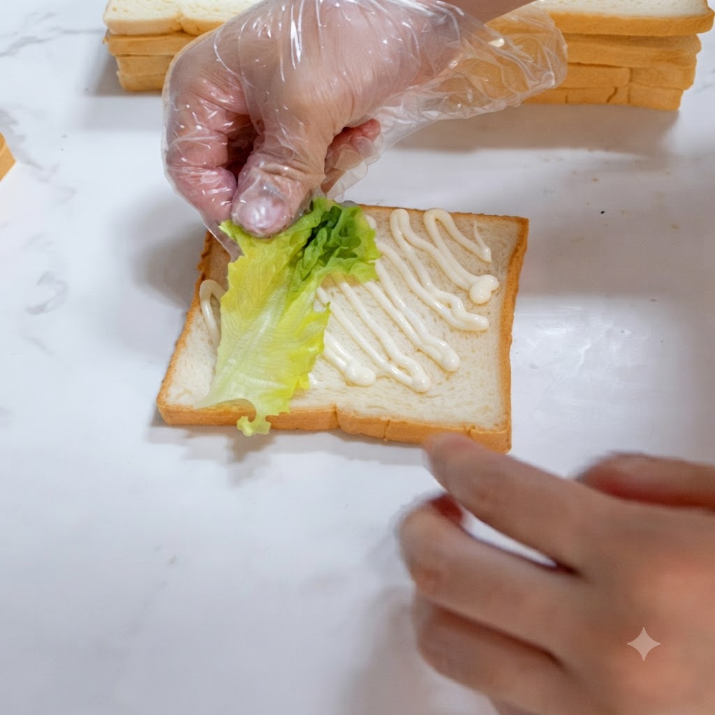 장갑을 낀 손이 드레싱을 뿌린 토스트 조각 위에 신선한 그린 양상추 잎을 조심스럽게 올리는 모습.