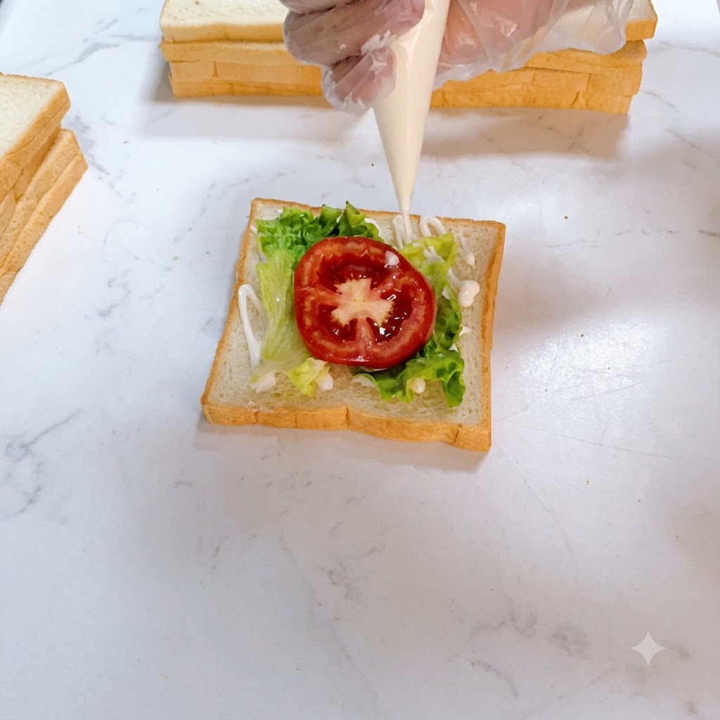 양상추 위에 놓인 붉은 토마토 슬라이스 위로 짤주머니에서 샐러드 드레싱이 짜여지는 모습.