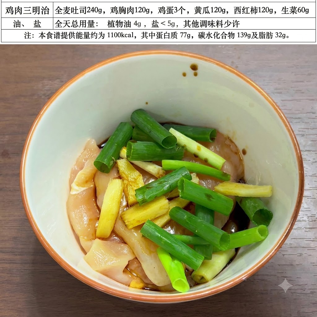 썰어둔 닭가슴살과 파가 담긴 볼 위에 소금 결정이 뿌려지는 모습.
