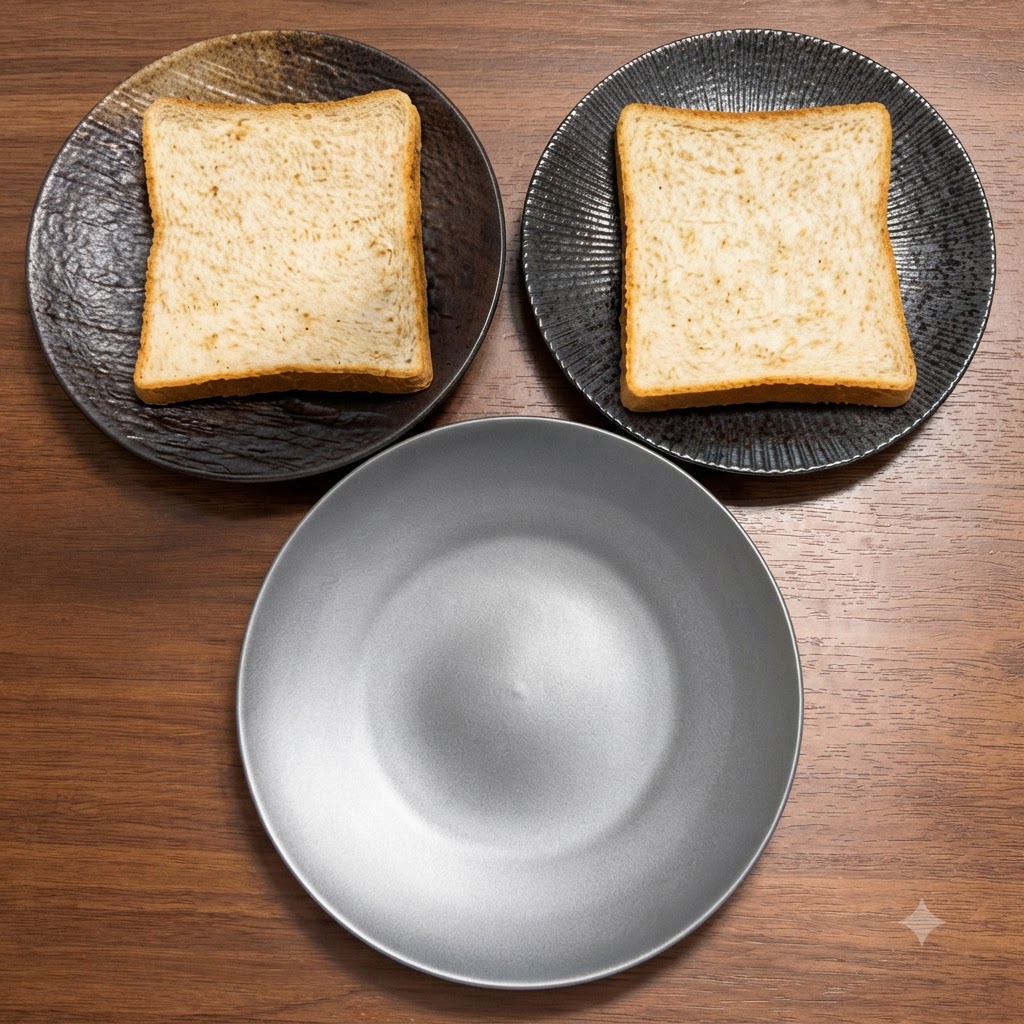 개인 접시 위에 나란히 놓인 세 조각의 통밀 식빵.