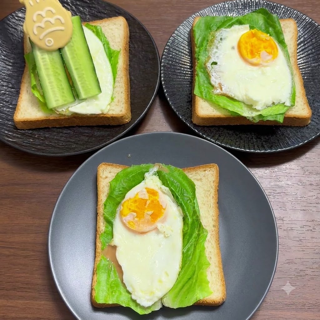 주방 도구를 이용해 신선하게 썬 오이 조각들을 샌드위치 재료들 위에 얹는 모습.