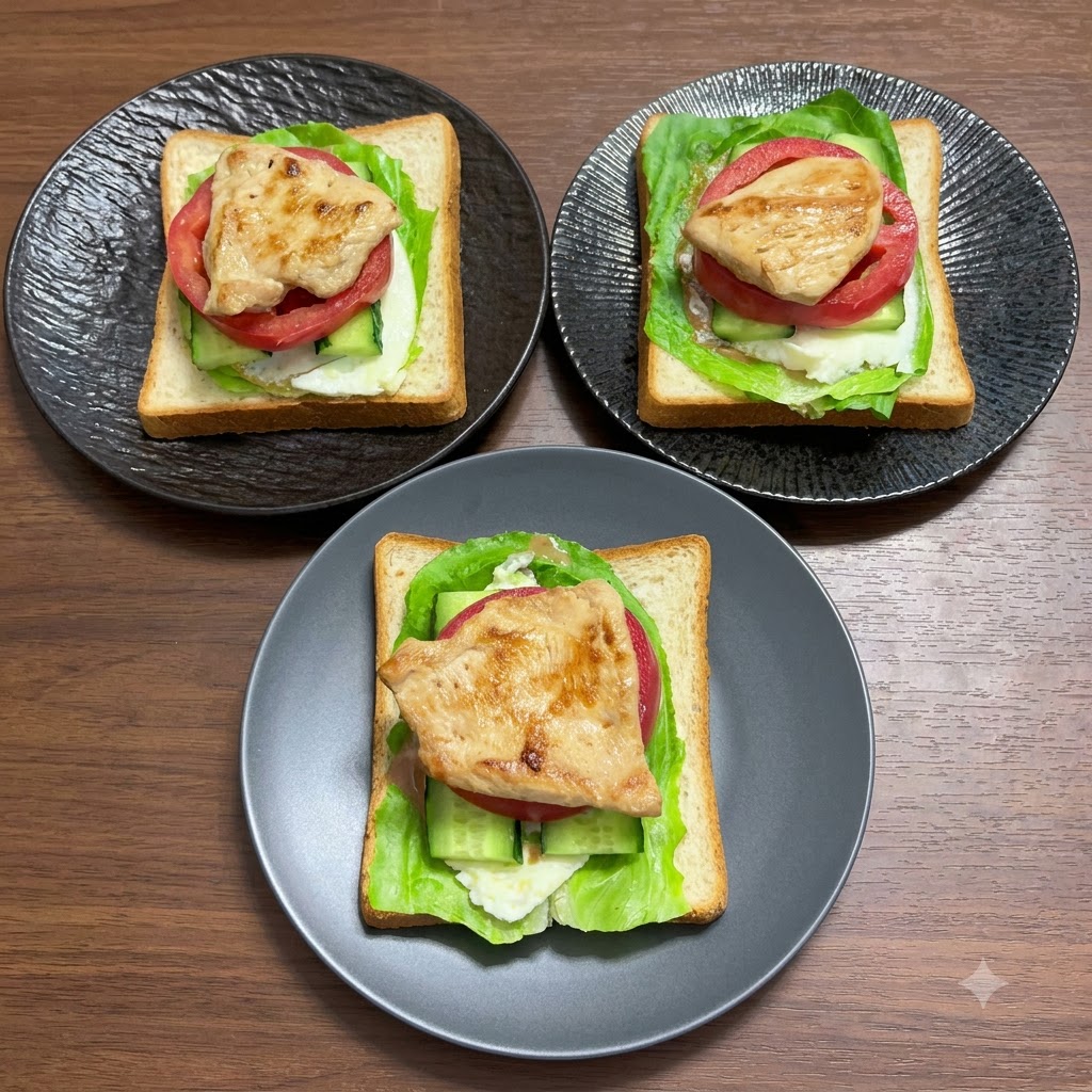 토마토 층 위에 팬에 구운 닭가슴살 조각들이 올려져 있는 모습.