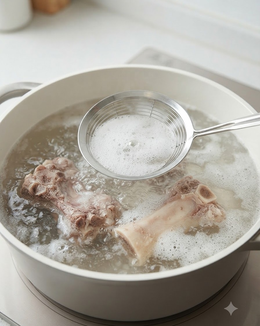 하얀 냄비 안에서 끓는 돼지갈비 물의 거품을 금속 거름망으로 걷어내는 모습