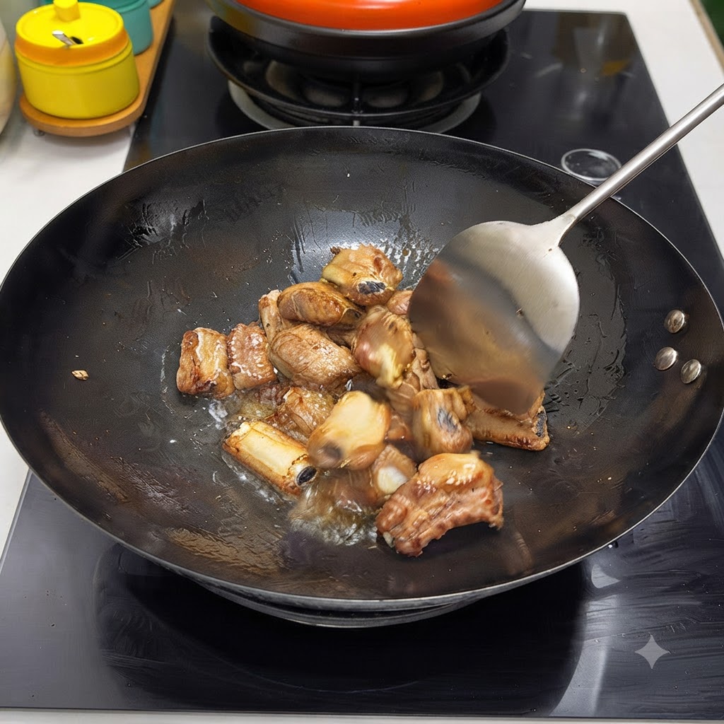금속 뒤집개를 이용해 웍에서 돼지갈비를 볶는 모습