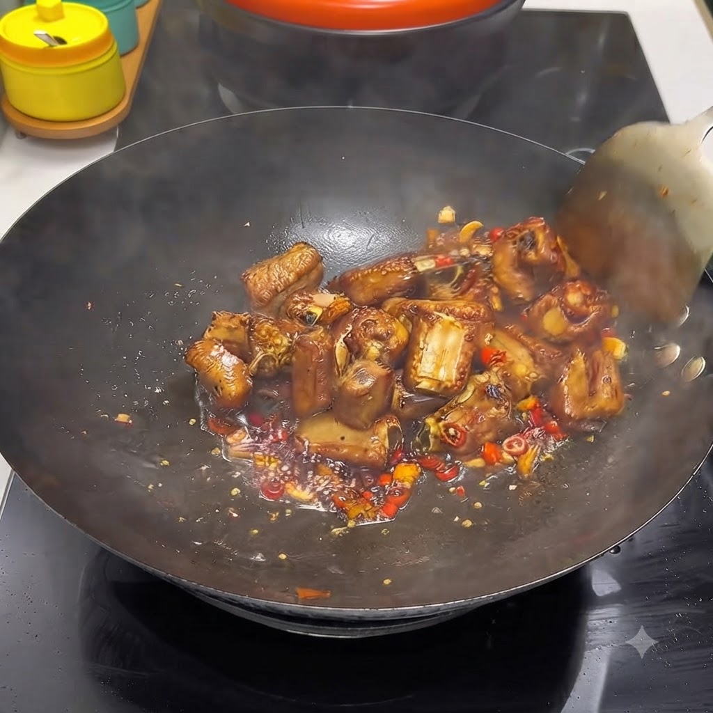 양념된 돼지갈비가 액체 속에서 자작하게 끓어오르며 뒤집개로 저어지는 모습