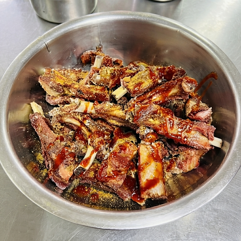 스퀴즈 병에서 스텐 볼 안의 튀긴 돼지갈비 위로 붉은 소스가 뿌려지는 모습.