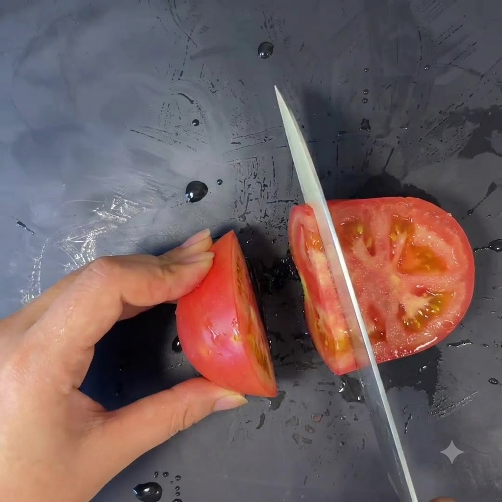 어두운 표면 위에서 하얀 세라믹 칼로 토마토를 슬라이스하고 있는 모습.