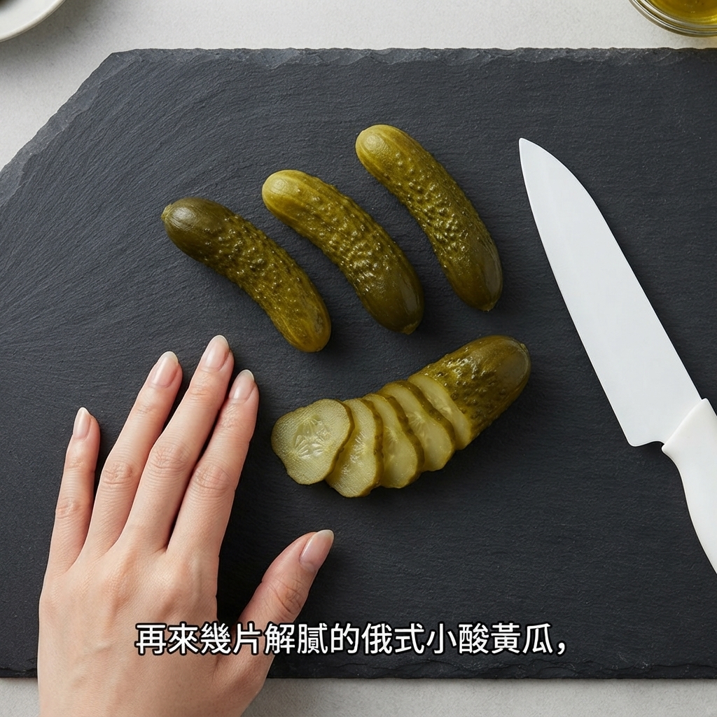 하얀색 칼로 여러 개의 러시안 미니 피클을 둥근 모양으로 썰고 있는 모습.