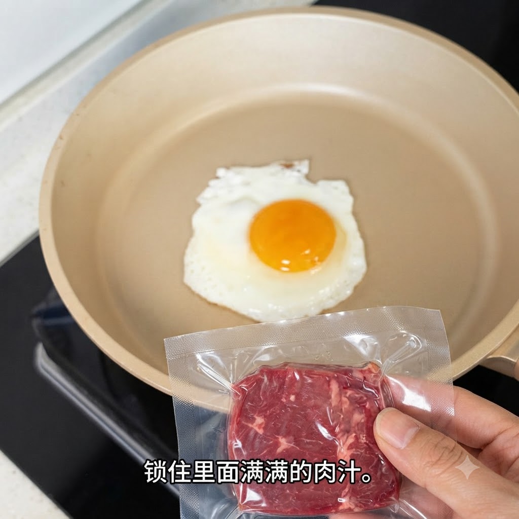 달걀 후라이가 담긴 팬 위로 진공 포장된 앵거스 비프 패티를 들고 있는 손.