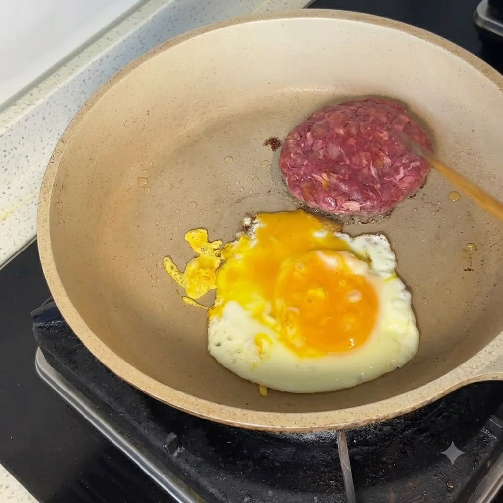 나무 주걱이 가까이 있는 상태에서 팬에 조리 중인 생 앵거스 비프 패티와 달걀 후라이.