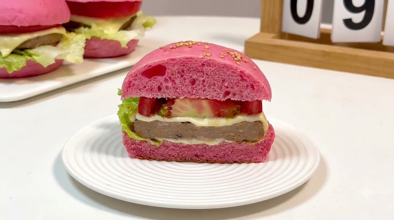 핑크빛 번 속에 소고기 패티, 치즈, 토마토, 상추가 층층이 들어간 모습을 보여주는 하얀 접시 위의 슬라이스된 홈메이드 핑크 버거 클로즈업 샷.
