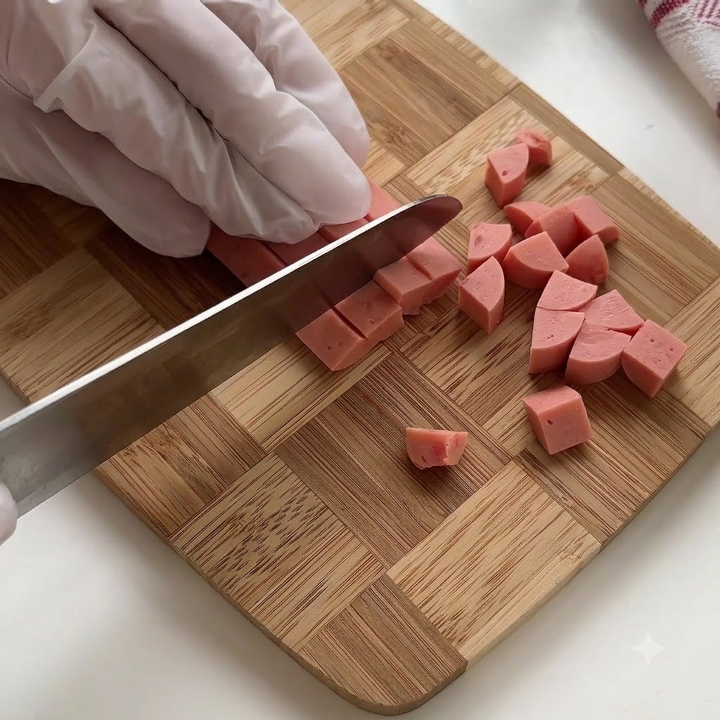 장갑을 낀 손이 나무 도마 위에서 분홍색 소시지를 작은 동그란 모양으로 썰고 있는 모습.