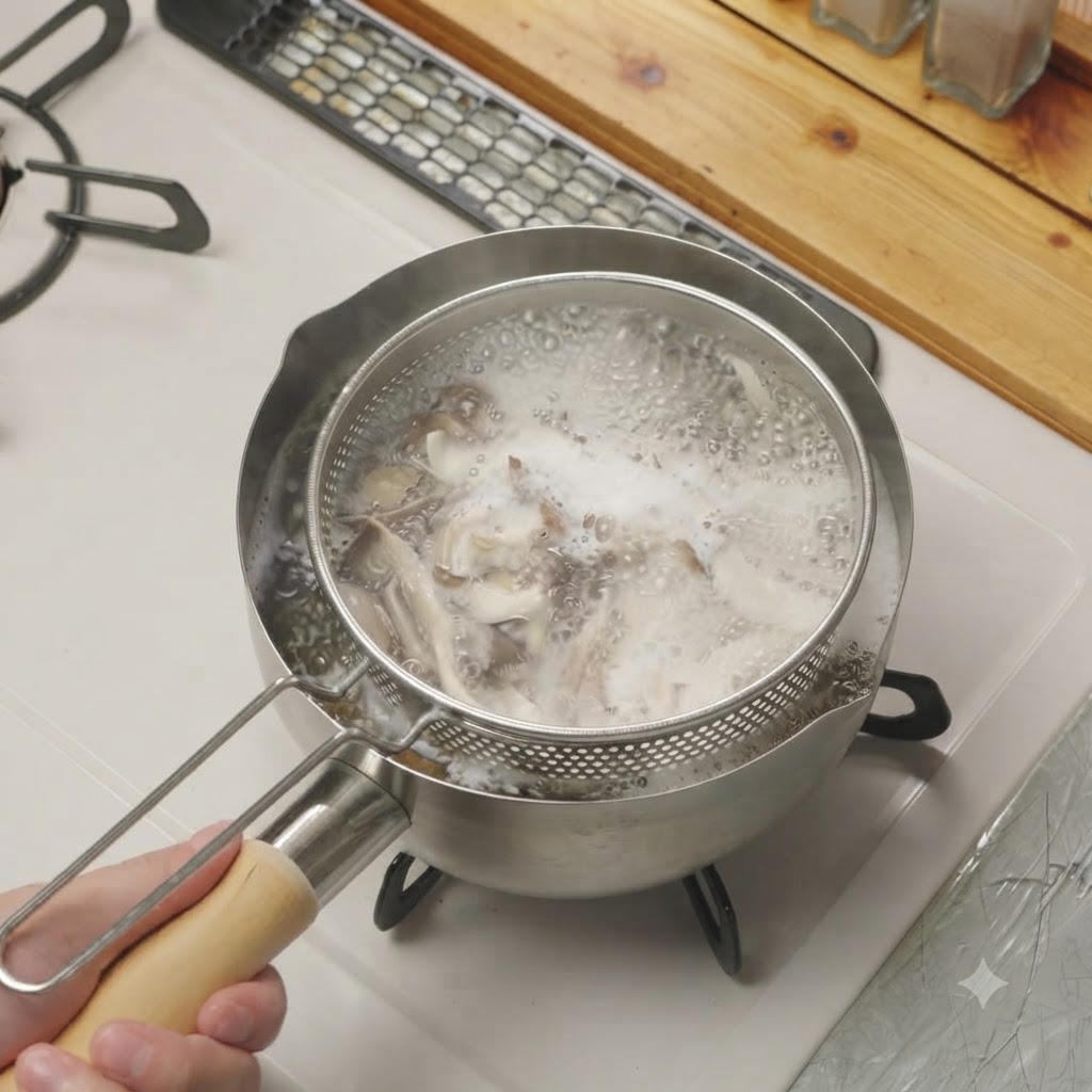 철망 채반을 이용해 끓는 물에서 데쳐진 새송이버섯을 건져 올리는 모습.