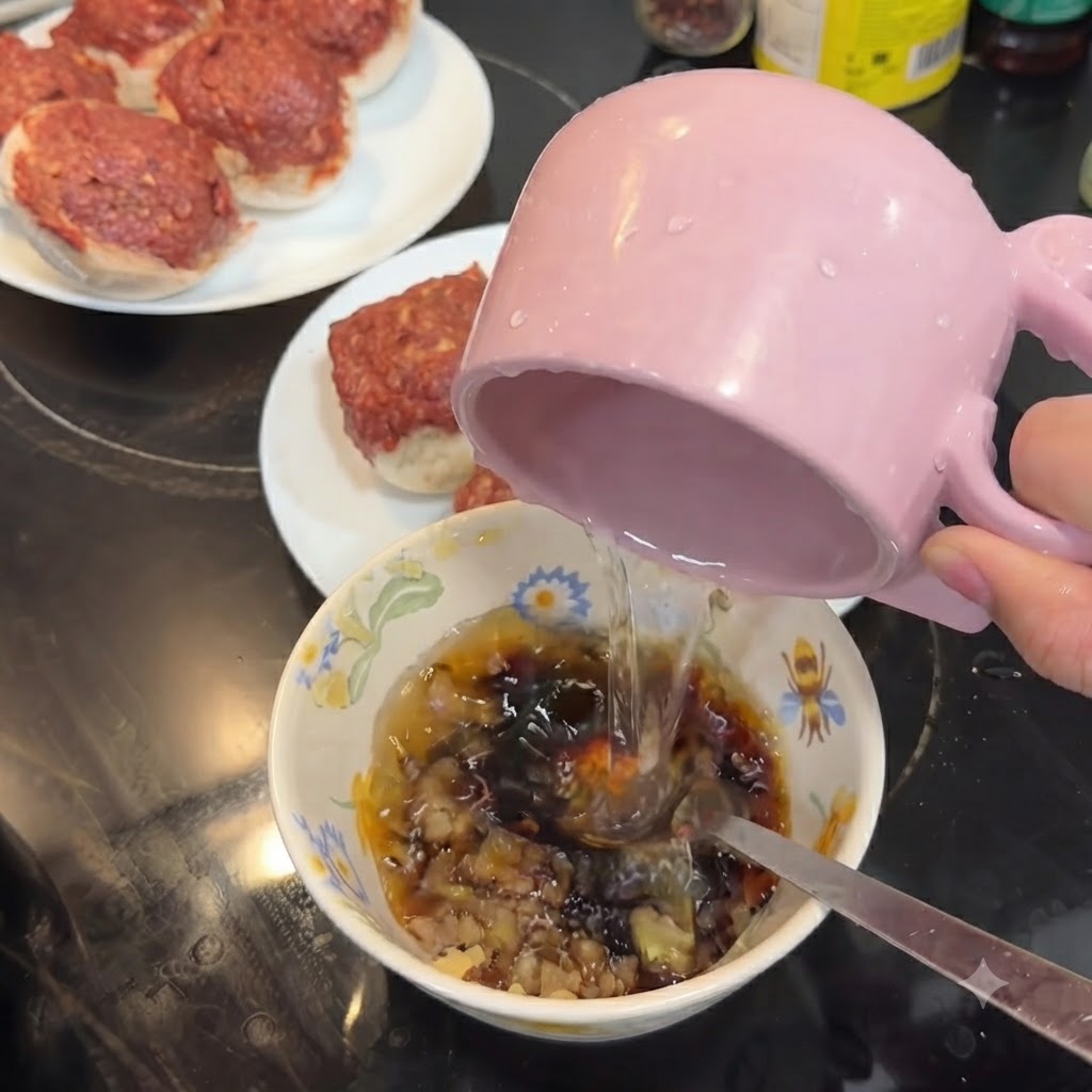 핑크빛 피처에서 깨끗한 물이 다진 마늘과 진한 액체 소스가 담긴 무늬가 있는 세라믹 그릇으로 부어지는 모습.