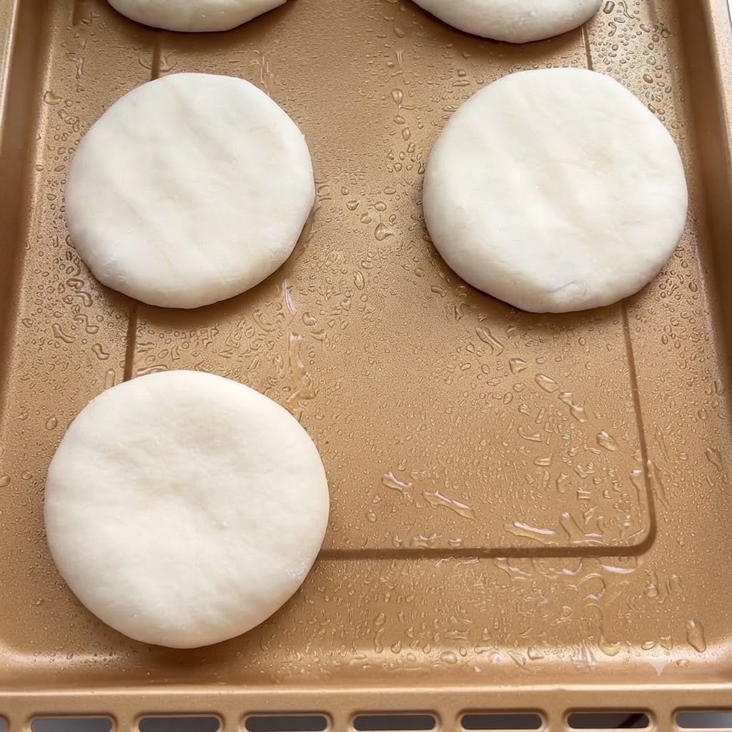 작업 표면 위에서 긴 시트로 밀려 펴지는 발효된 반죽.