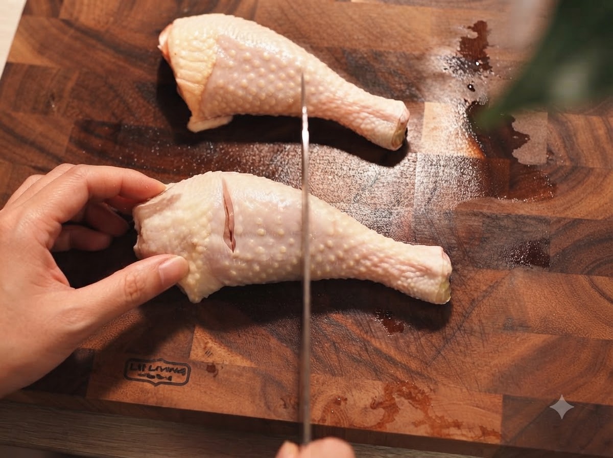 나무 도마 위에서 날카로운 칼로 생닭다리에 칼집을 내고 있는 손.