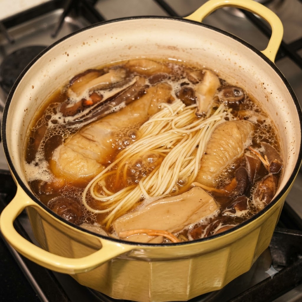 스토브 위에서 끓고 있는 닭고기 버섯 국수 냄비.