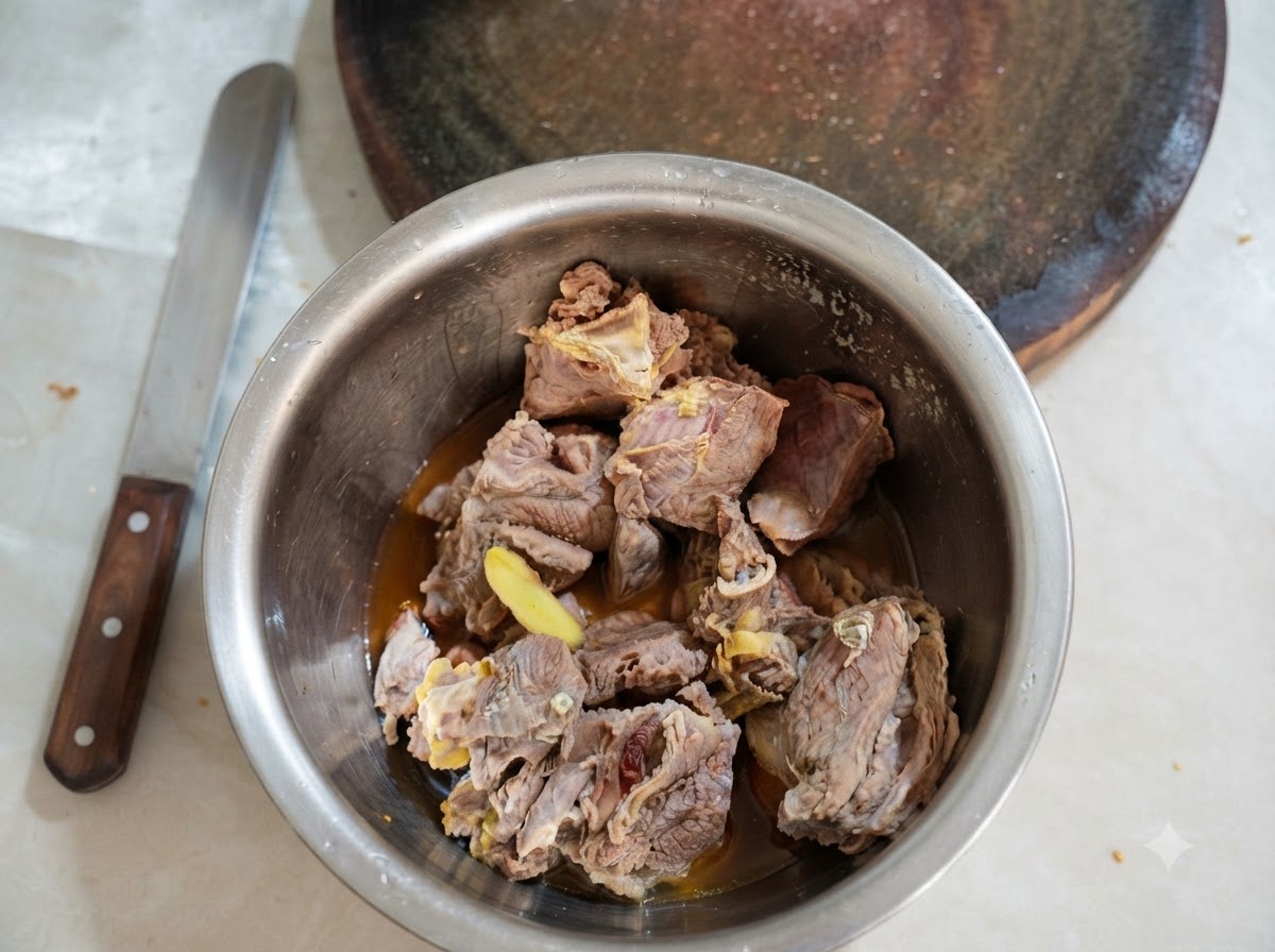 도마 옆 금속 그릇에 담긴 익힌 소고기 브리스킷 조각들.