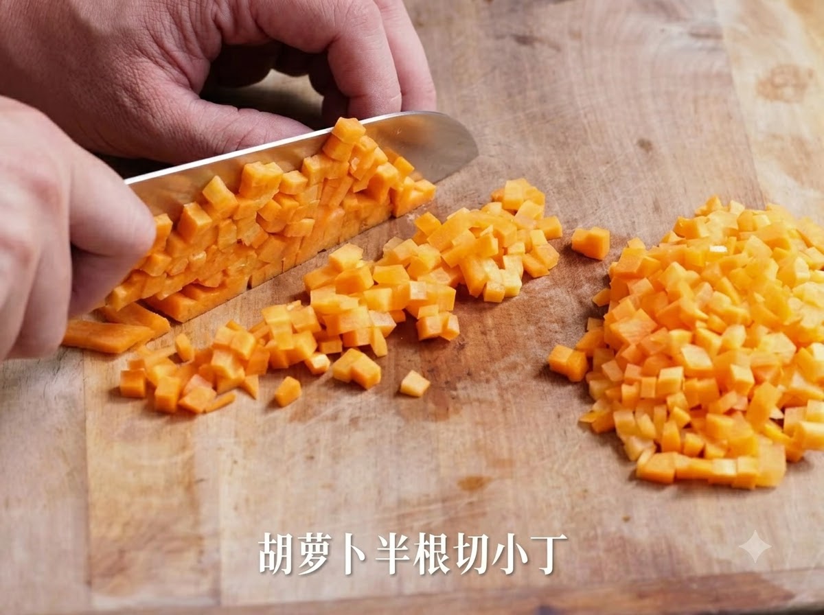 나무 도마 위에서 당근 반 개를 작고 일정한 크기로 깍둑썰기하는 모습.