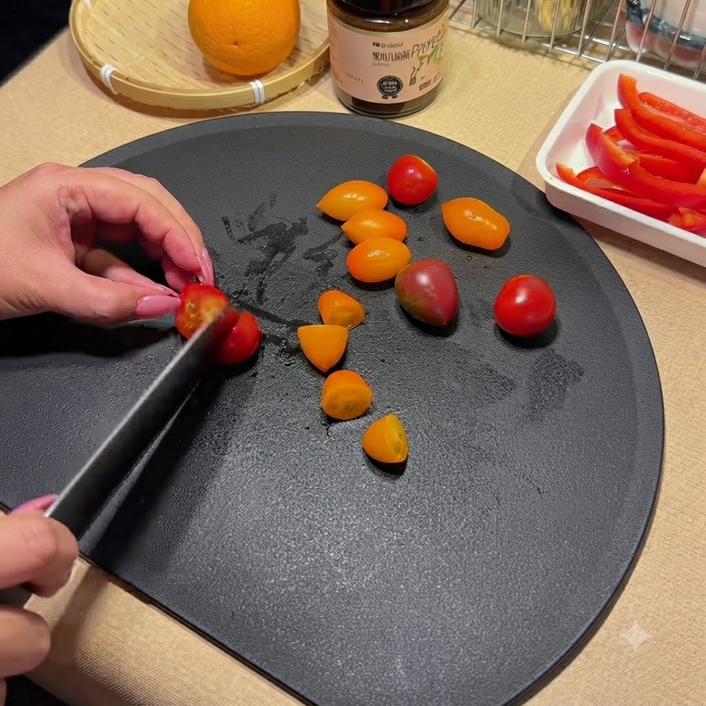 검은색 도마 위에서 셰프 나이프로 알록달록한 방울토마토를 반으로 자르는 모습.