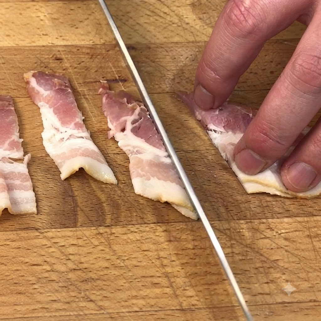 나무 도마 위에서 날카로운 주방 칼로 생베이컨 스트립을 썰고 있는 모습.