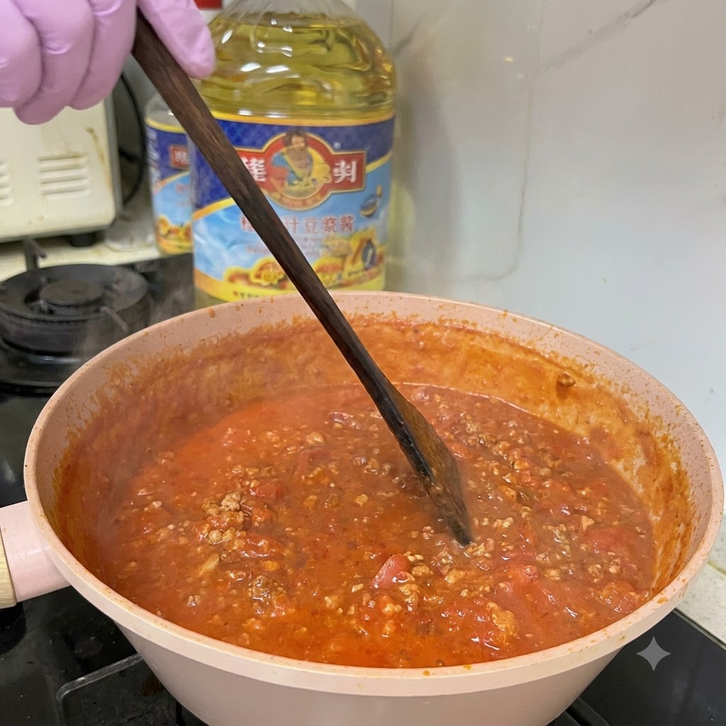 팬 안에서 걸쭉한 토마토 및 양파 소스와 함께 익어가며 나무 주걱으로 저어지는 다진 고기.