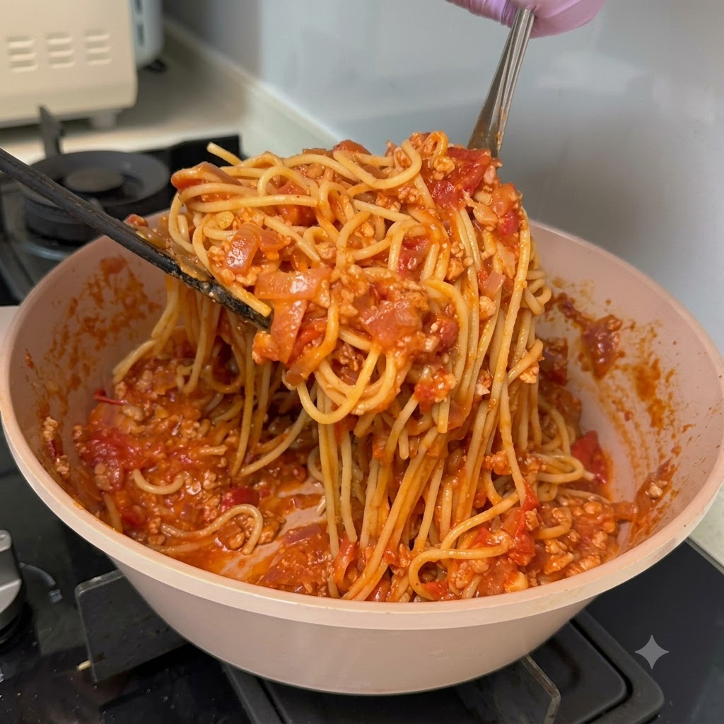 조리용 팬 안에서 걸쭉한 고기 및 토마토 소스와 함께 스파게티 면이 들어올려지며 섞이는 모습.