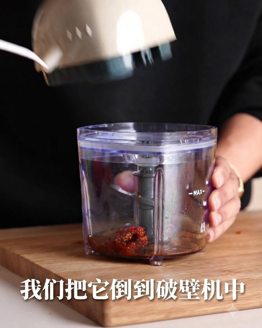 갓 튀긴 마늘과 오일이 블렌더 용기에 부어지고 있는 모습.
