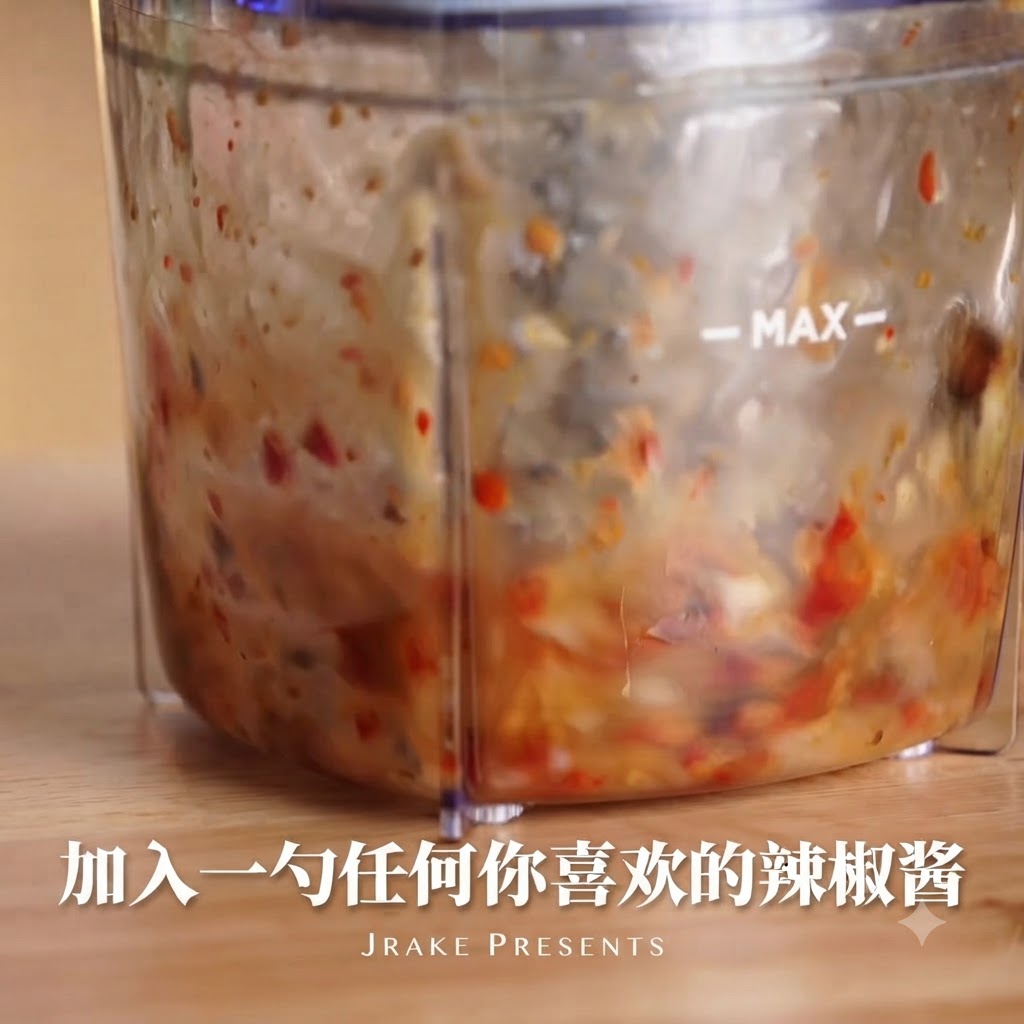 블렌더 컵 안으로 레드 칠리 소스가 첨가되는 모습.