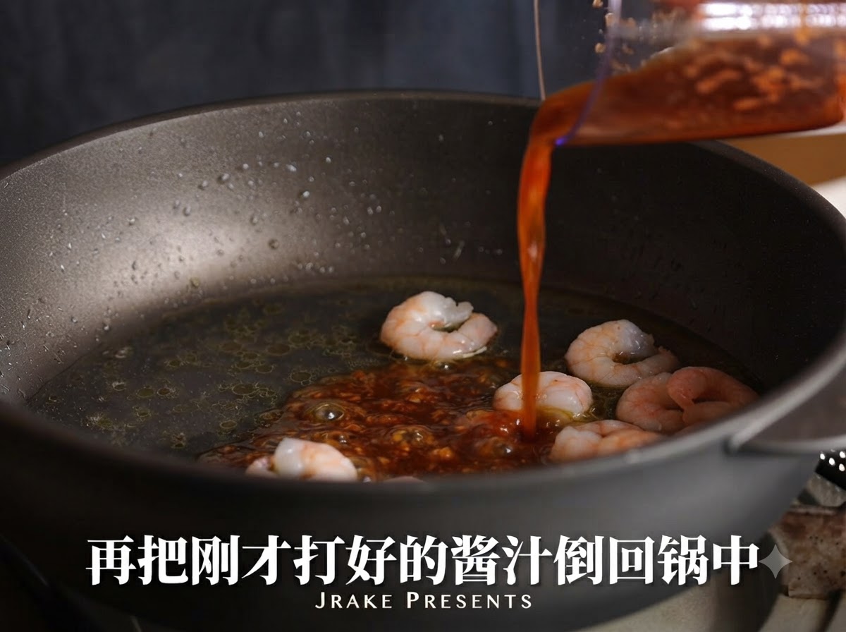 새우와 육수가 담긴 팬에 용기에서 레드 칠리 마늘 소스가 부어지는 모습.