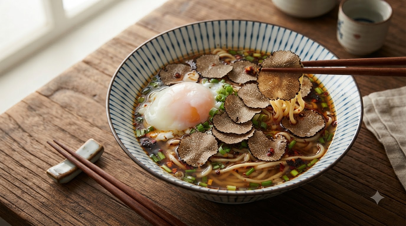 수란을 곁들인 트러플 매운 맑은 국수