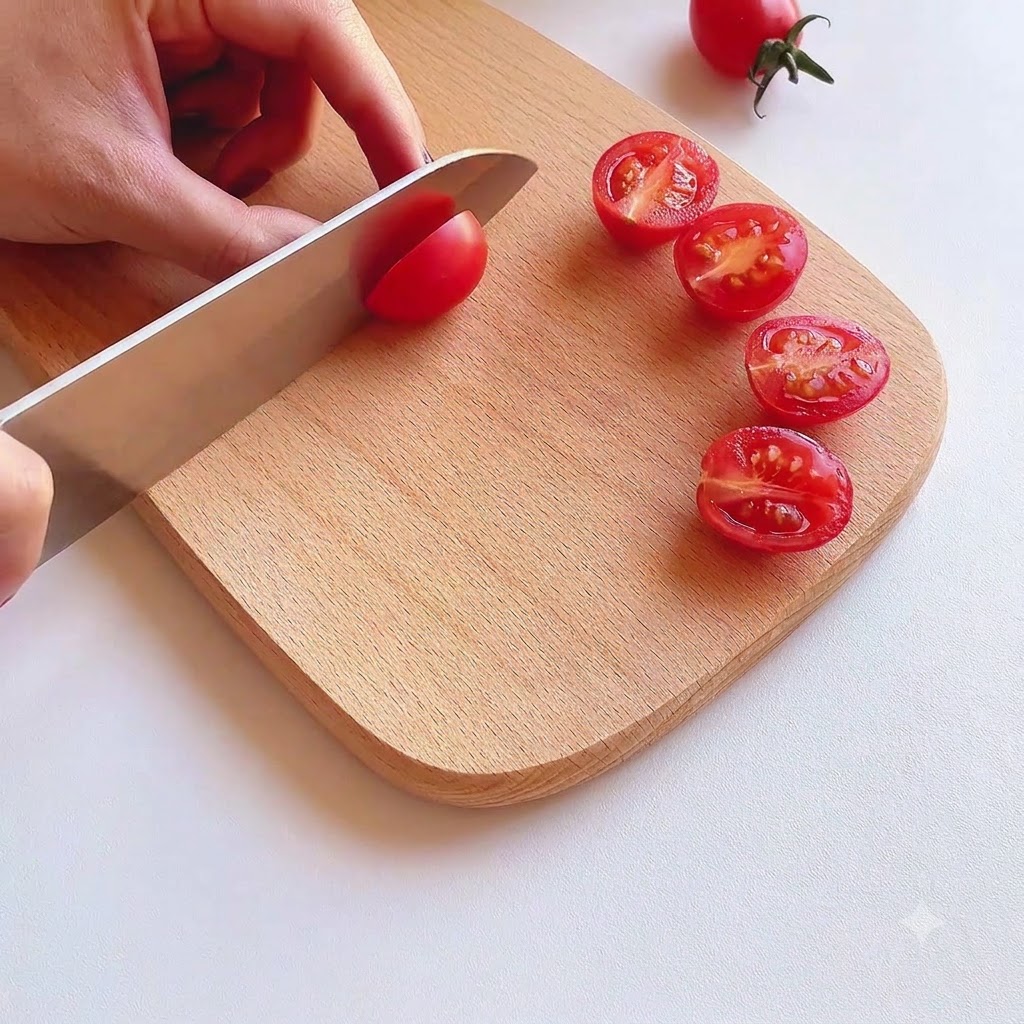 도마 위에서 요리사용 칼을 이용해 방울토마토를 반으로 자르는 모습.
