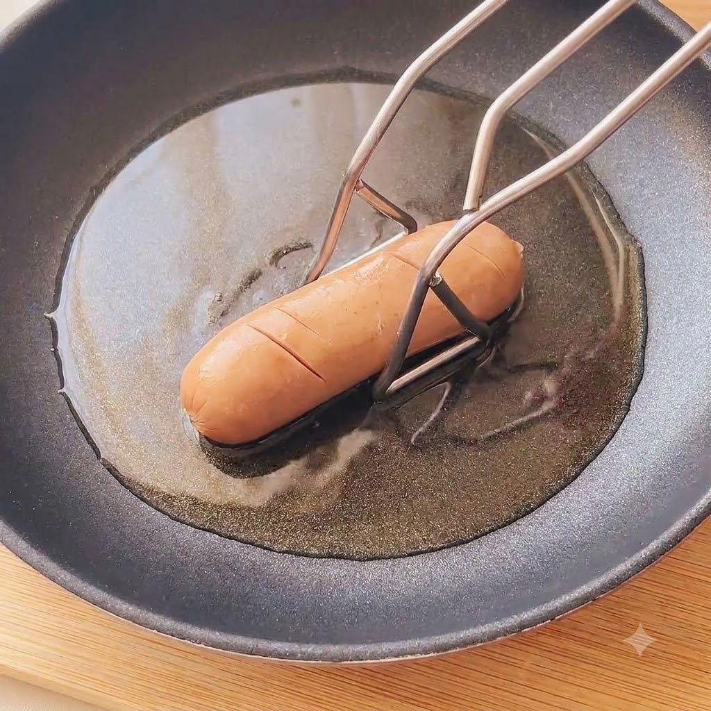 팬 안의 뜨거운 기름 속에서 칼집 낸 통소시지가 튀겨지는 모습.