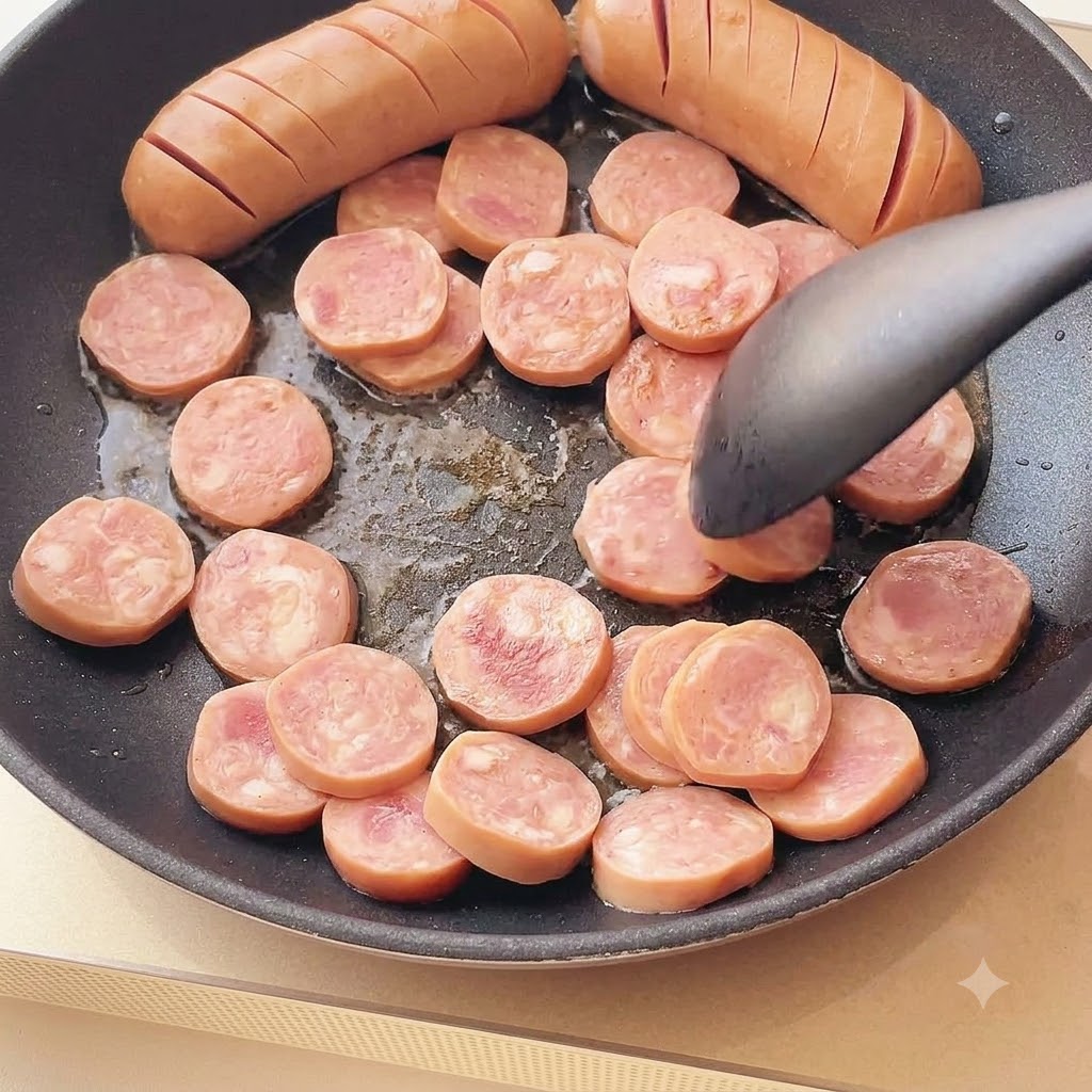 칼집 낸 두 개의 통소시지와 함께 기름칠한 팬에서 소시지 조각들이 노릇하게 구워지는 모습.