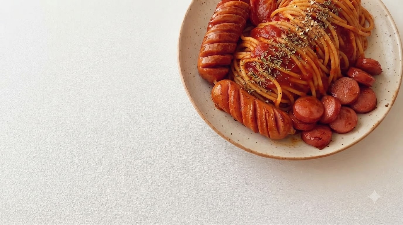 풍부한 토마토 소시지 스파게티