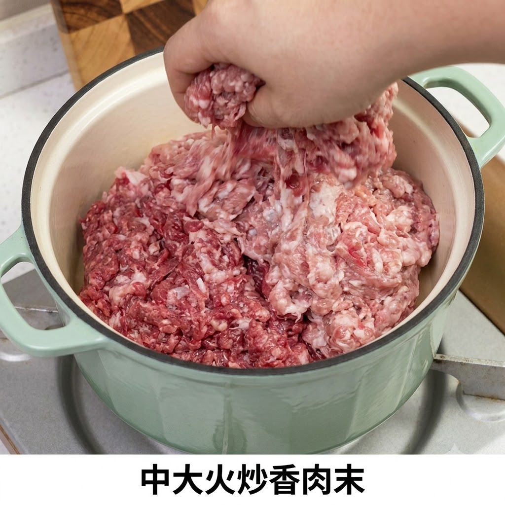 초록색 냄비에 다진 고기를 넣고 볶는 모습.